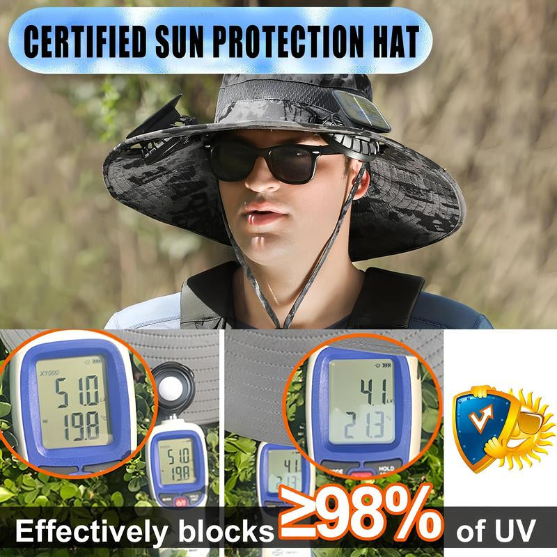 Solar Fan Sun Hat for Men & Women UPF 50+ Wide Brim Bucket Hat with Dual Cooling Fans, Adjustable Fit, Lightweight Beach & Fishing Hat for Outdoor Use