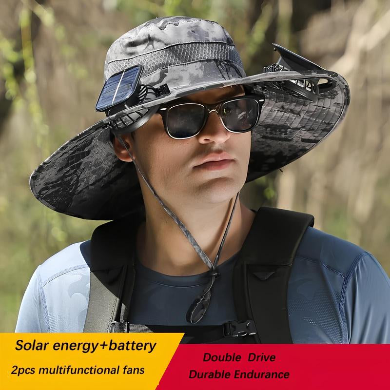 Solar Fan Sun Hat for Men & Women UPF 50+ Wide Brim Bucket Hat with Dual Cooling Fans, Adjustable Fit, Lightweight Beach & Fishing Hat for Outdoor Use