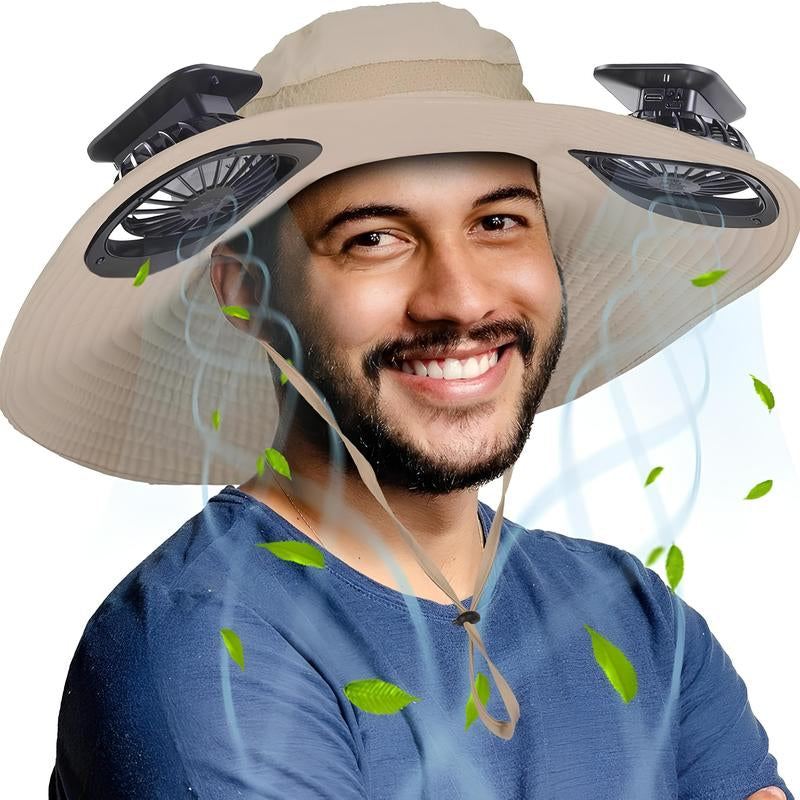Solar Fan Sun Hat for Men & Women UPF 50+ Wide Brim Bucket Hat with Dual Cooling Fans, Adjustable Fit, Lightweight Beach & Fishing Hat for Outdoor Use