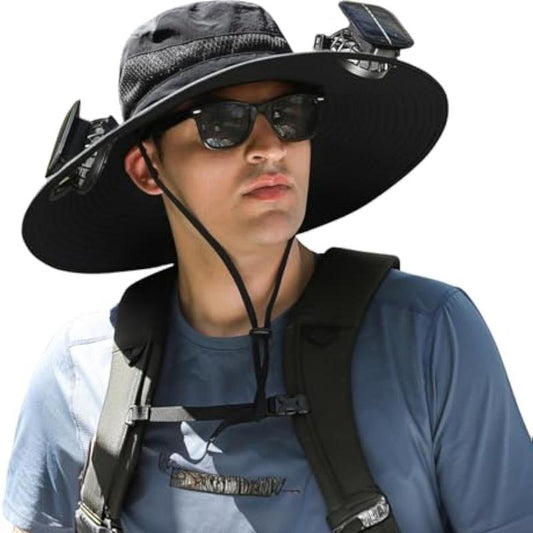 Solar Fan Sun Hat for Men & Women UPF 50+ Wide Brim Bucket Hat with Dual Cooling Fans, Adjustable Fit, Lightweight Beach & Fishing Hat for Outdoor Use