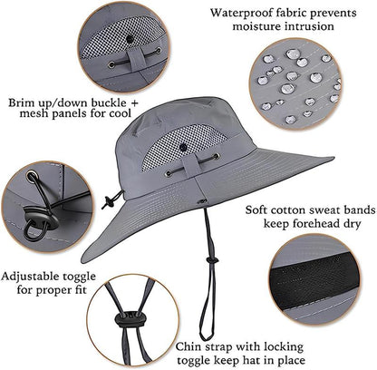 Solar Fan Sun Hat for Men & Women UPF 50+ Wide Brim Bucket Hat with Dual Cooling Fans, Adjustable Fit, Lightweight Beach & Fishing Hat for Outdoor Use